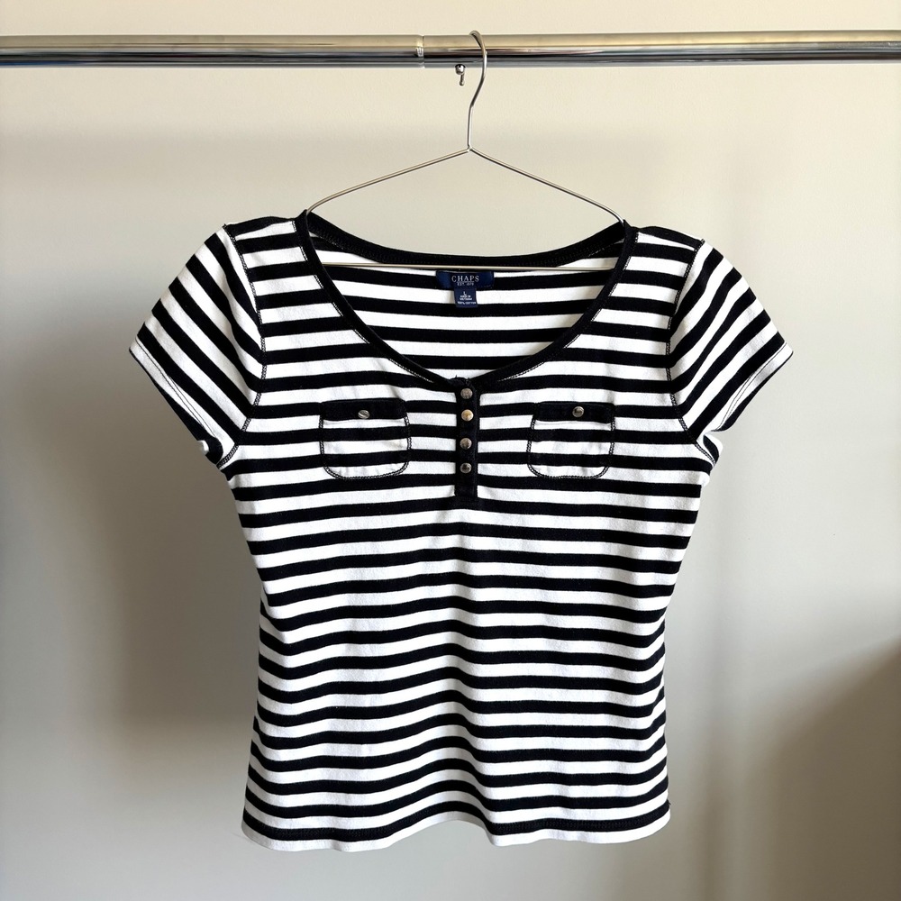 Y2K Chaps Striped Henley Top L Black White Short Sleeve Mall Preppy Fall Cottage